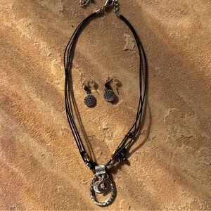 Boho “Love” Charm Necklace & Earrings Set | Adjustable Black Cord Vtg Deadstock